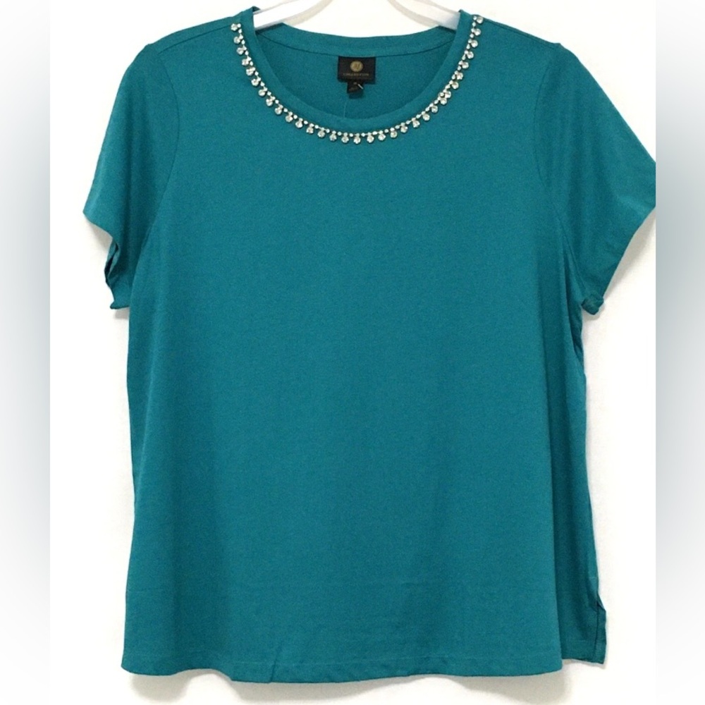JM Collection Womens Size 1X Neo Jade Short Sleeve Embellished Neck T-Shirt Top